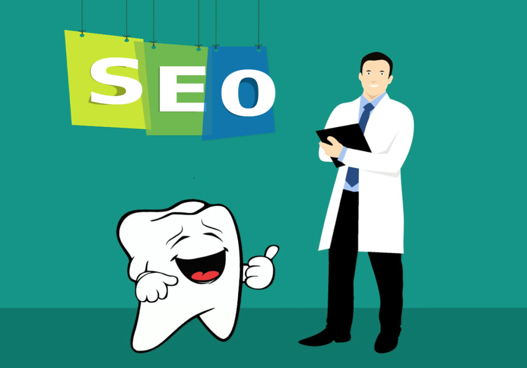 a graphics of a male dentist with seo banner